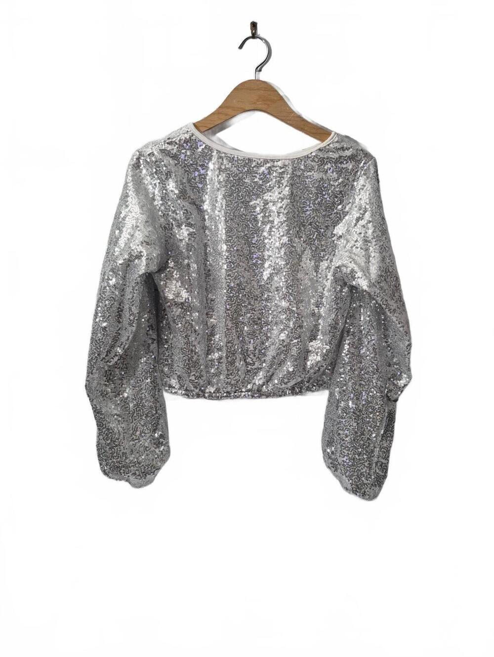 Silver Sequin Balloon Sleeve Crop Top Size Small – Sparkly Silver All-Over Sequi